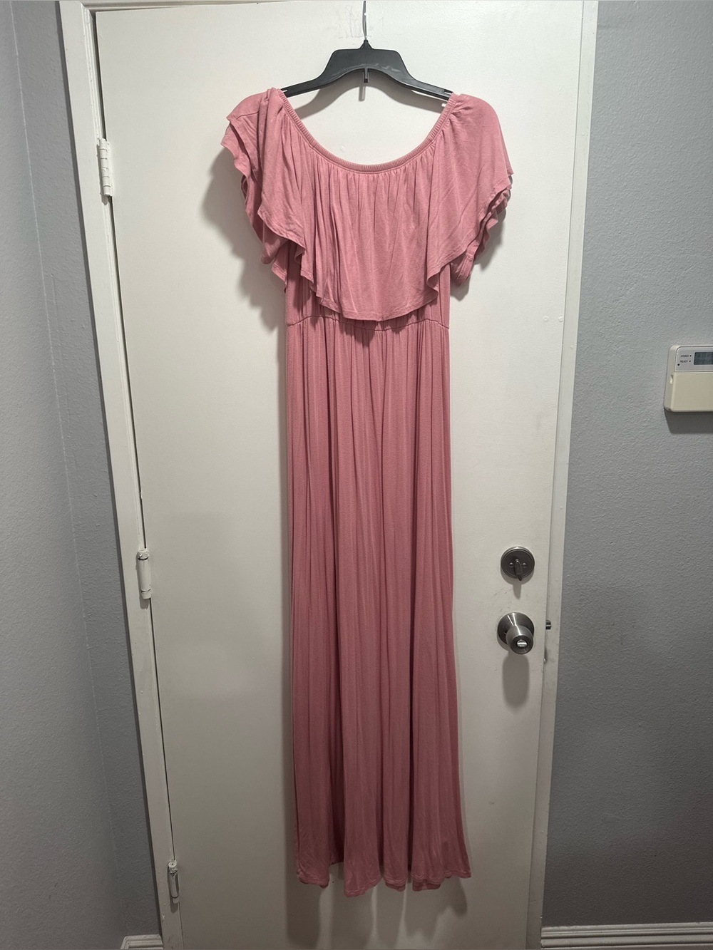 Pinkblush Mauve Pink Off-Shoulder Ruffle Maternity Maxi Dress